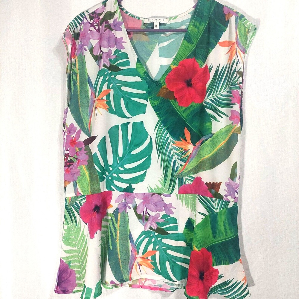 Chaus New York Womens Medium Tropical Blouse Sleeveless Lightweight Peplum Hem